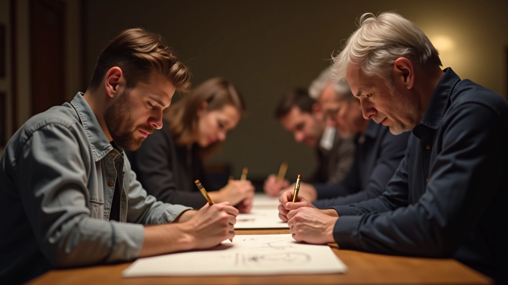 Kaligrafi sınıfında öğrenciler masalarda oturmuş, kendi eserlerini yazıyor, ustad yanlarında rehberlik ediyor
