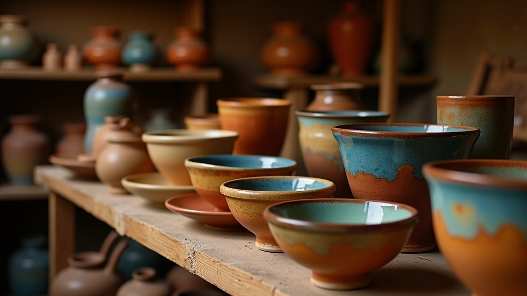 Seramik atölyesinde ısıl işlemden çıkan renkli, parlak çömlekler raflarda duruyor