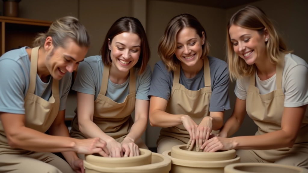 Seramik atölyesinde dört kişi çarkta oturup çömlekçilik yaparken birbirleriyle konuşuyorlar