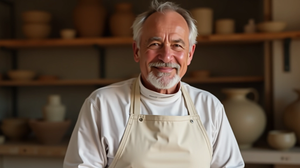 Metin Çiftçi, 28 yıl seramik deneyimi olan erkek öğretmen, atölyede gülümsüyor