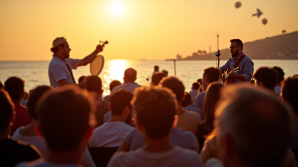 İzmir sahilinde, Akdeniz kıyısında geleneksel müzik yapan müzisyenler